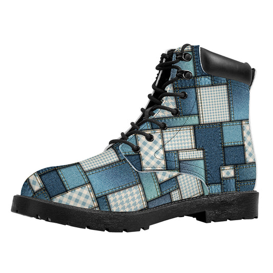 Plaid And Denim Patchwork Pattern Print Work Boots
