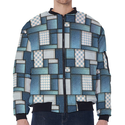 Plaid And Denim Patchwork Pattern Print Zip Sleeve Bomber Jacket