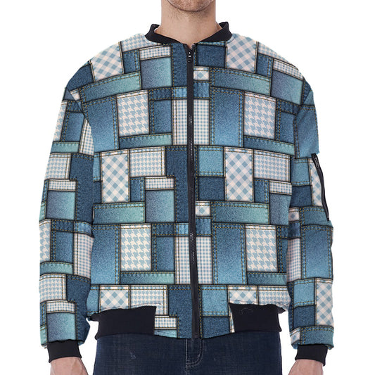 Plaid And Denim Patchwork Pattern Print Zip Sleeve Bomber Jacket