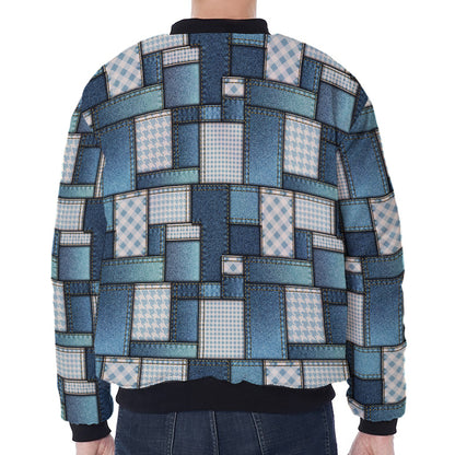 Plaid And Denim Patchwork Pattern Print Zip Sleeve Bomber Jacket