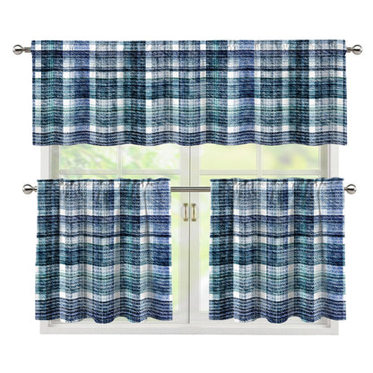 Plaid Denim Jeans Pattern Print 3 Piece Kitchen Curtains