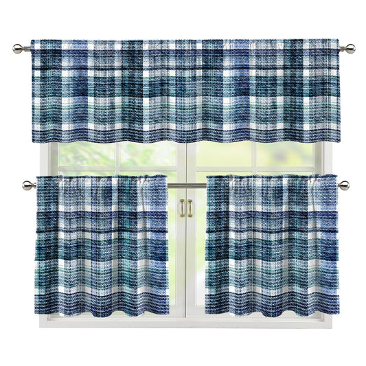 Plaid Denim Jeans Pattern Print 3 Piece Kitchen Curtains