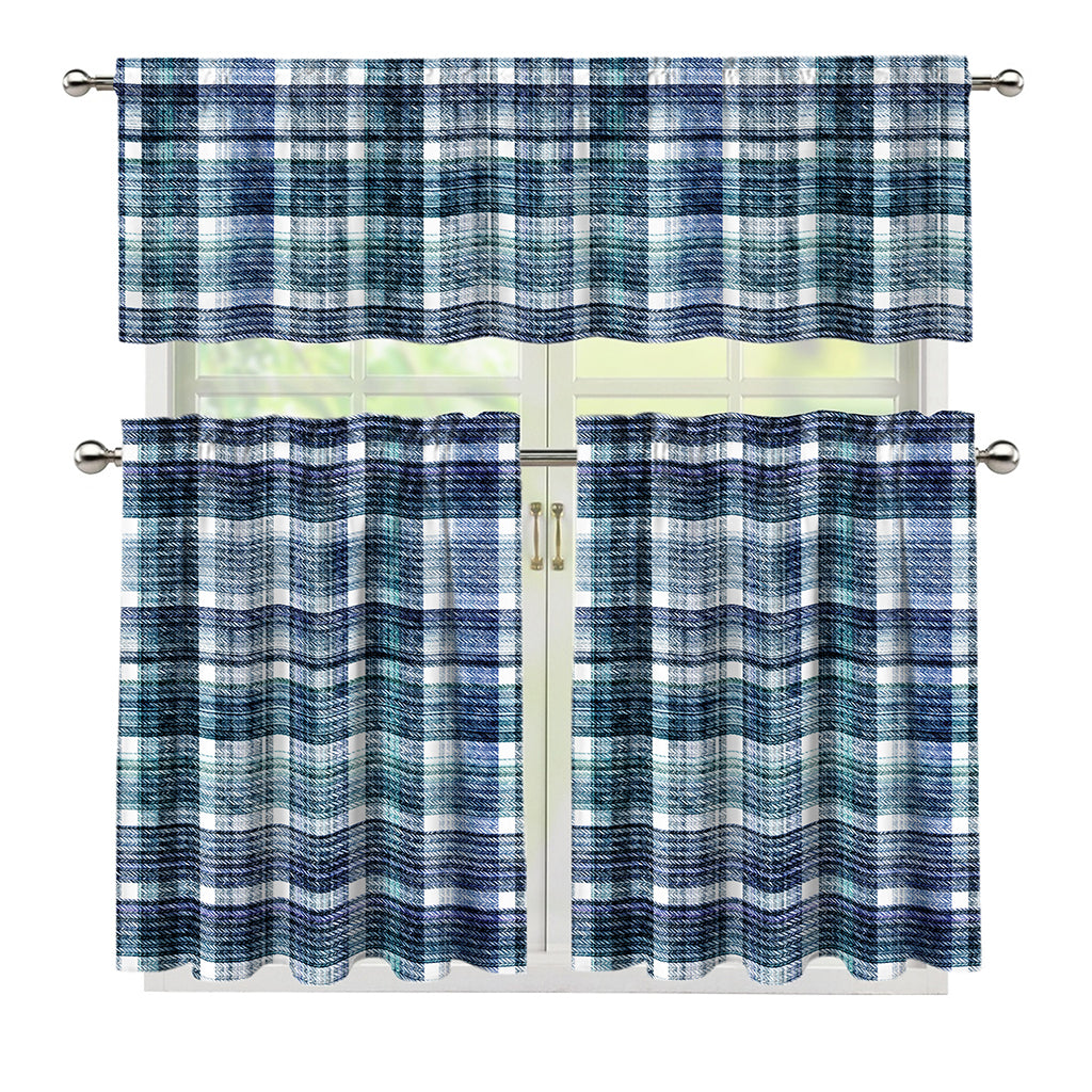 Plaid Denim Jeans Pattern Print 3 Piece Kitchen Curtains