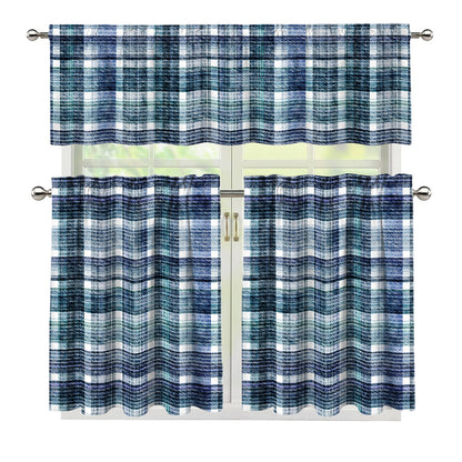 Plaid Denim Jeans Pattern Print 3 Piece Kitchen Curtains