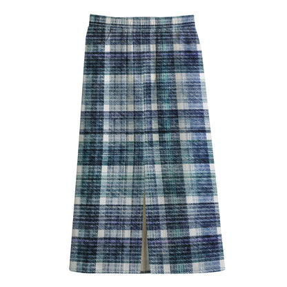 Plaid Denim Jeans Pattern Print Cotton Front Slit Maxi Skirt