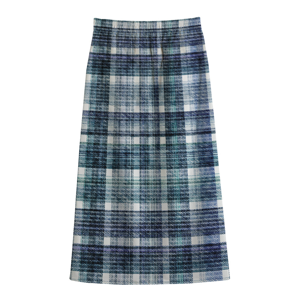 Plaid Denim Jeans Pattern Print Cotton Front Slit Maxi Skirt