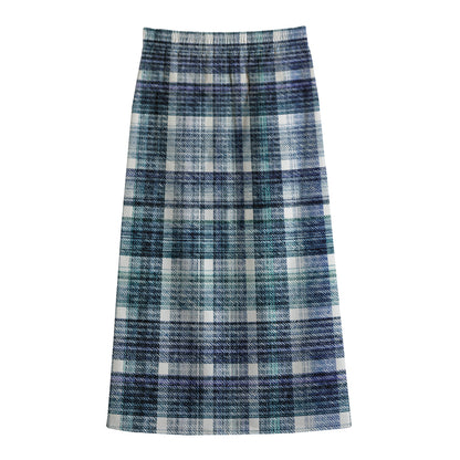 Plaid Denim Jeans Pattern Print Cotton Front Slit Maxi Skirt
