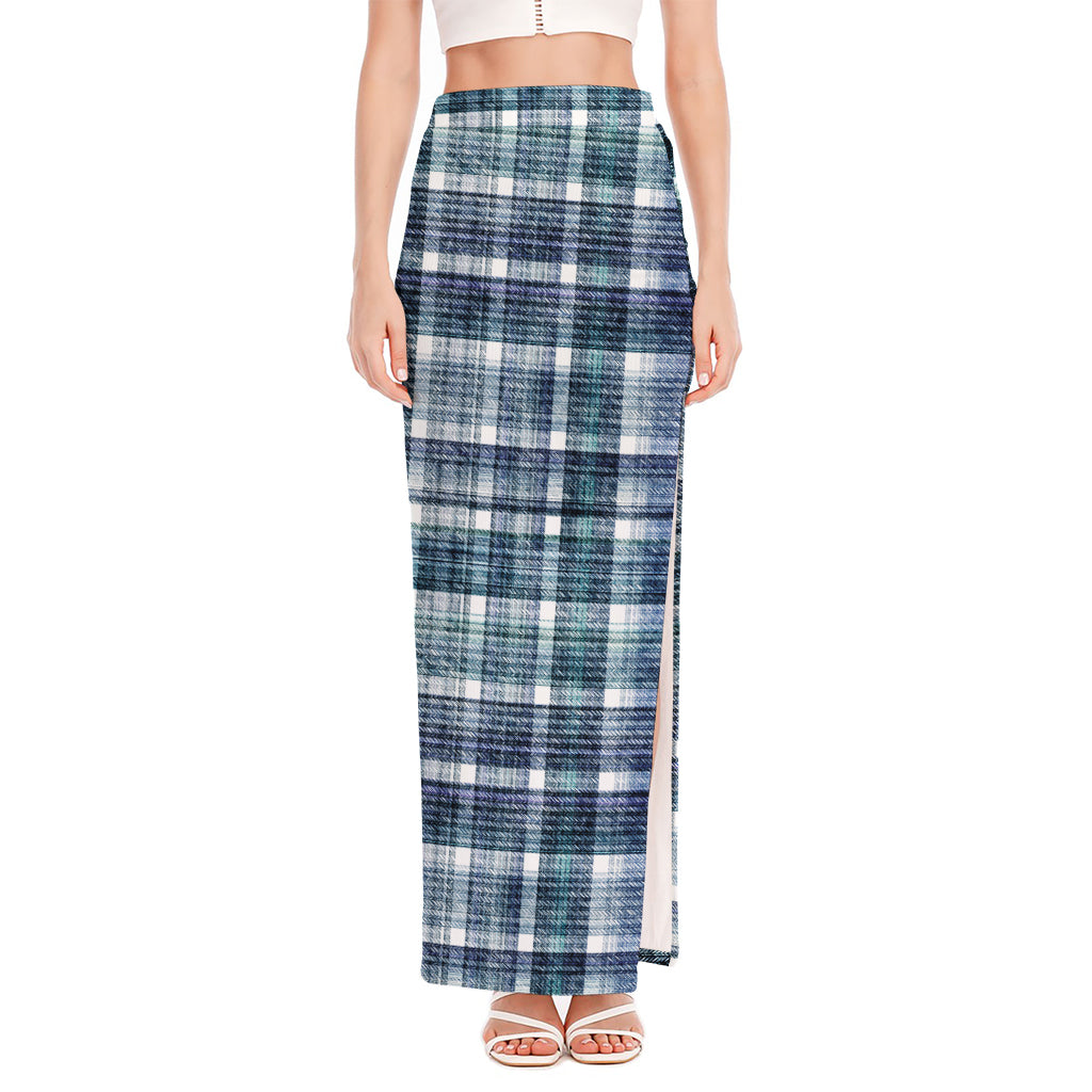 Plaid Denim Jeans Pattern Print High Slit Maxi Skirt