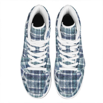 Plaid Denim Jeans Pattern Print High Top Leather Sneakers