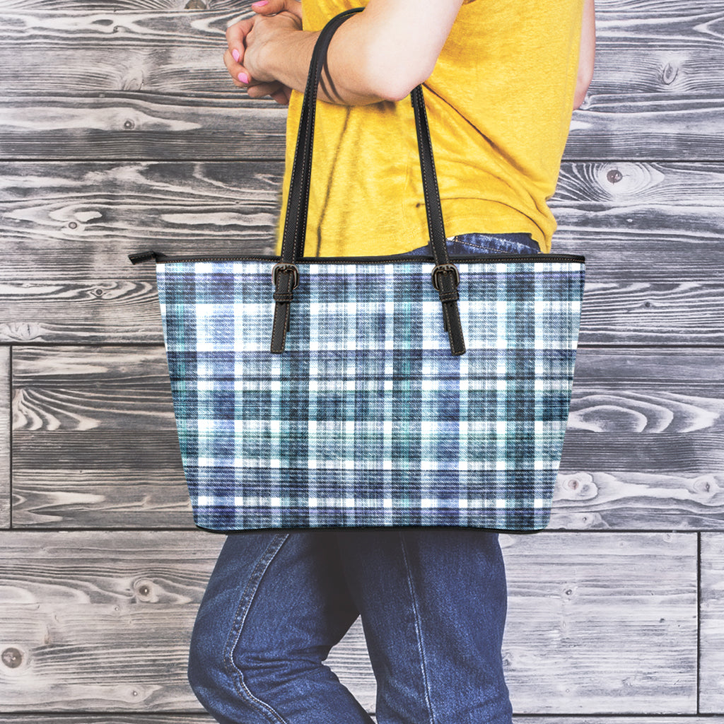 Plaid Denim Jeans Pattern Print Leather Tote Bag