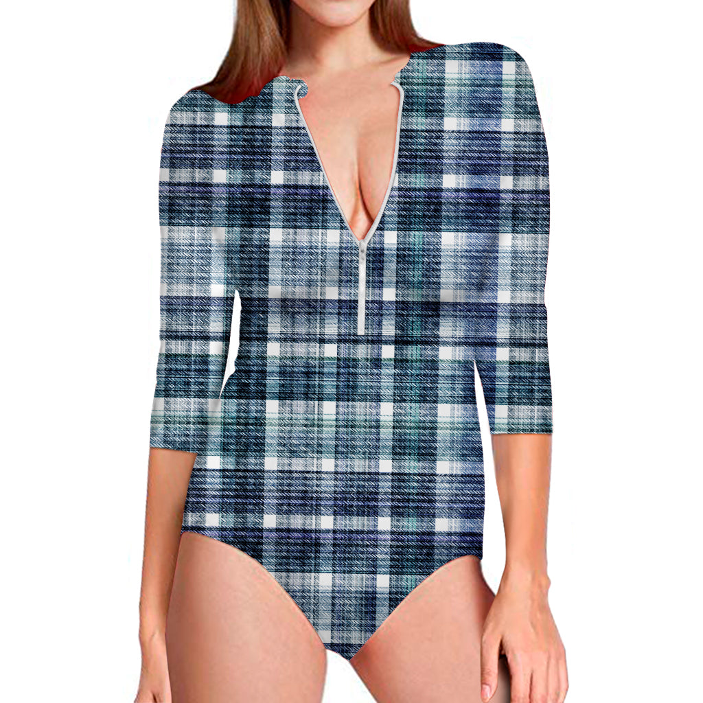 Plaid Denim Jeans Pattern Print Long Sleeve Swimsuit
