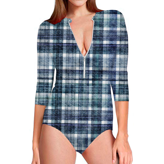Plaid Denim Jeans Pattern Print Long Sleeve Swimsuit