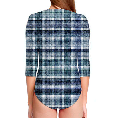 Plaid Denim Jeans Pattern Print Long Sleeve Swimsuit