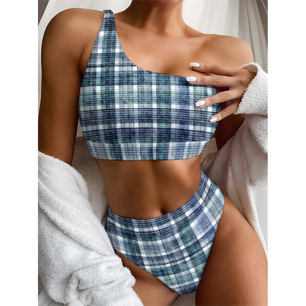 Plaid Denim Jeans Pattern Print One Shoulder Bikini Top