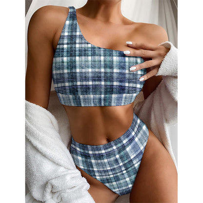 Plaid Denim Jeans Pattern Print One Shoulder Bikini Top