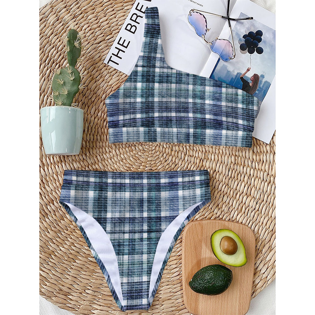 Plaid Denim Jeans Pattern Print One Shoulder Bikini Top