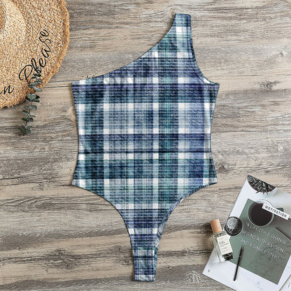 Plaid Denim Jeans Pattern Print One Shoulder Bodysuit