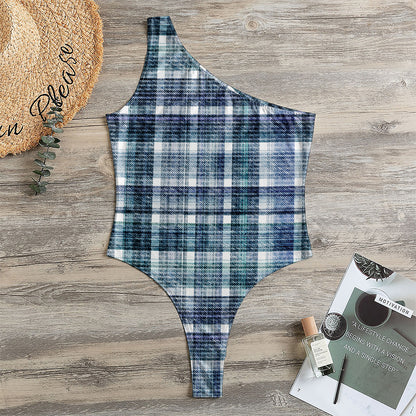 Plaid Denim Jeans Pattern Print One Shoulder Bodysuit