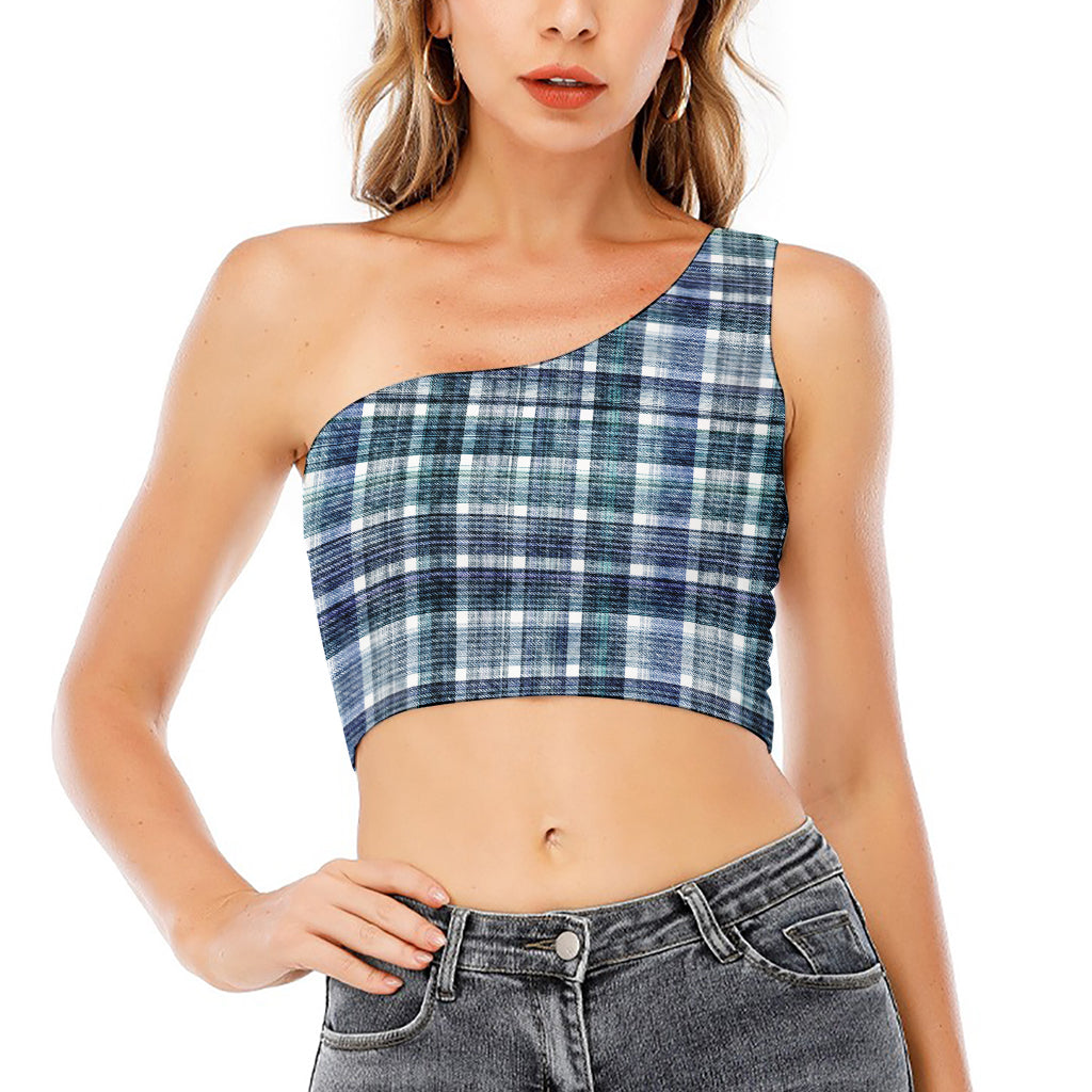 Plaid Denim Jeans Pattern Print One Shoulder Crop Top