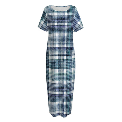 Plaid Denim Jeans Pattern Print Short Sleeve Long Nightdress