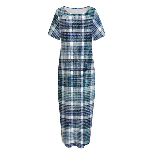 Plaid Denim Jeans Pattern Print Short Sleeve Long Nightdress