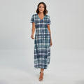 Plaid Denim Jeans Pattern Print Short Sleeve Maxi Dress