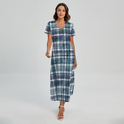 Plaid Denim Jeans Pattern Print Short Sleeve Maxi Dress