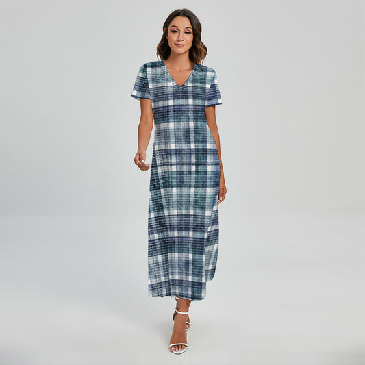 Plaid Denim Jeans Pattern Print Short Sleeve Maxi Dress