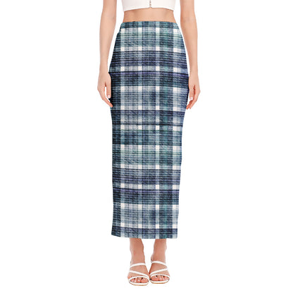 Plaid Denim Jeans Pattern Print Side Slit Maxi Skirt