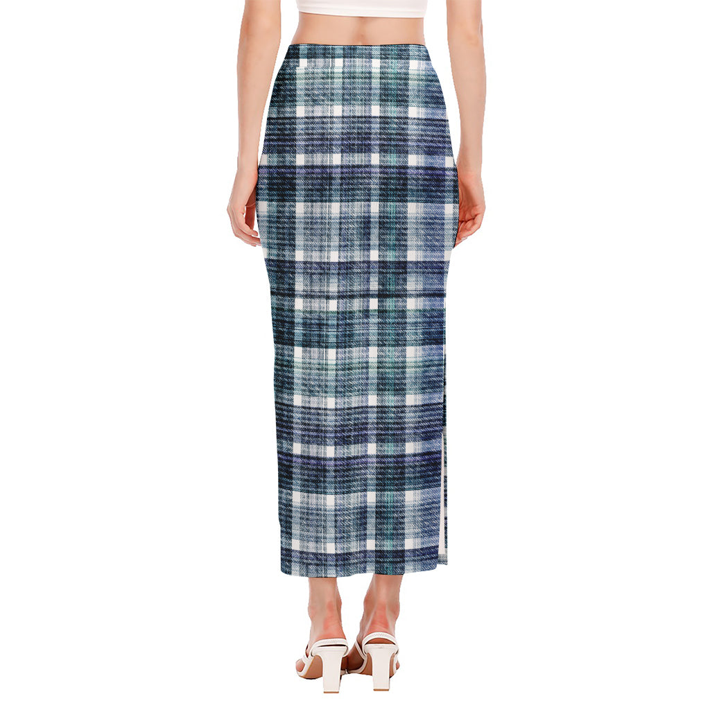 Plaid Denim Jeans Pattern Print Side Slit Maxi Skirt