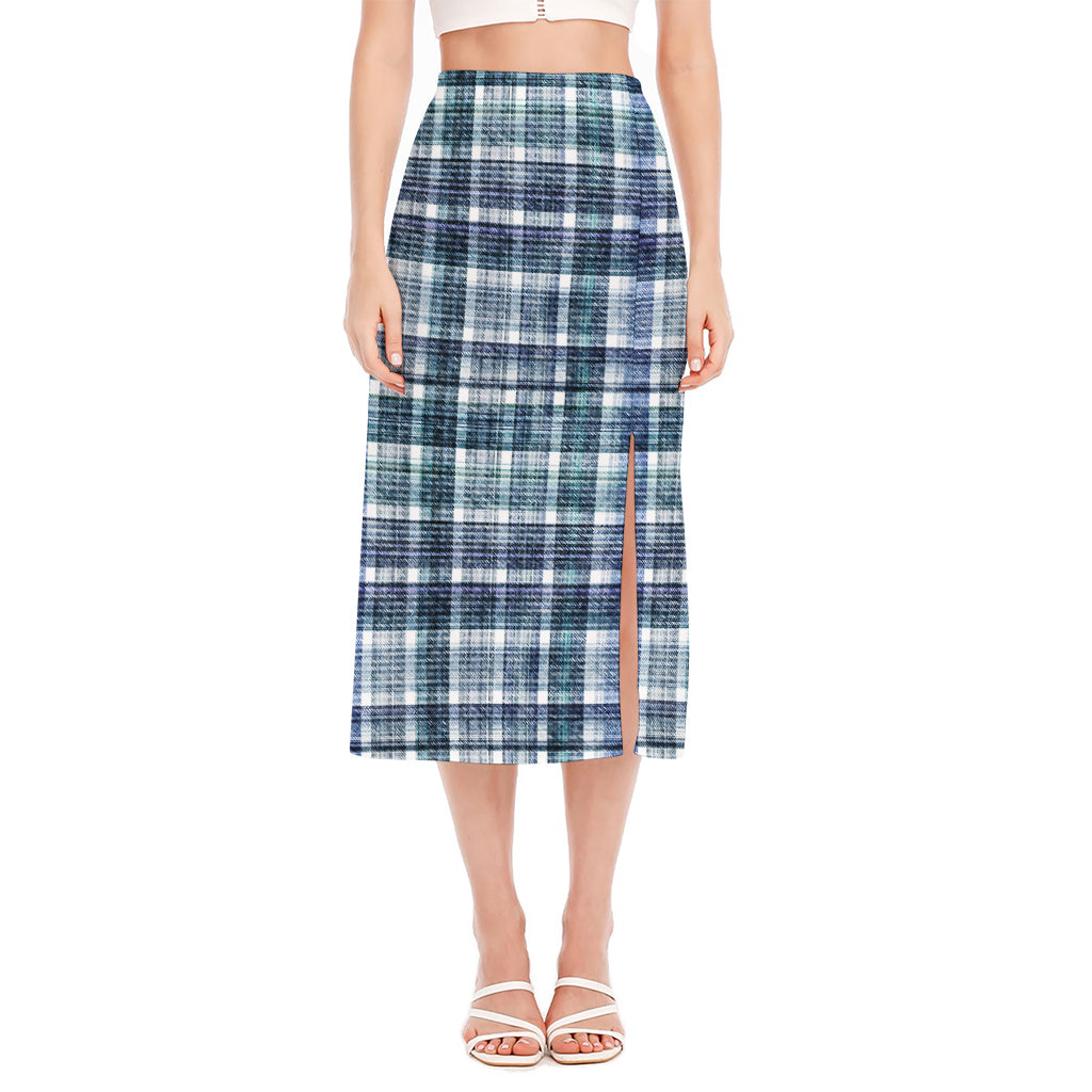 Plaid Denim Jeans Pattern Print Side Slit Midi Skirt