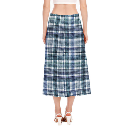 Plaid Denim Jeans Pattern Print Side Slit Midi Skirt
