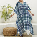 Plaid Denim Jeans Pattern Print Silk V-Neck Kaftan Dress