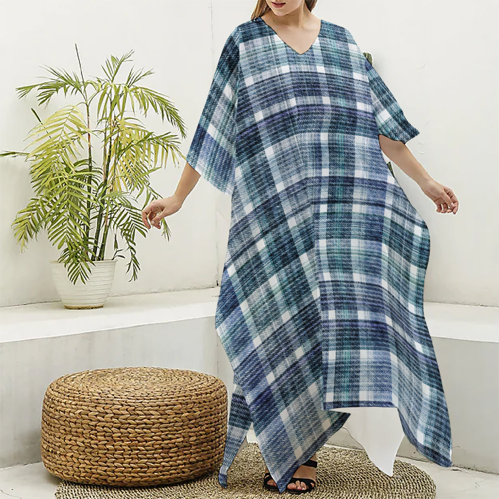 Plaid Denim Jeans Pattern Print Silk V-Neck Kaftan Dress