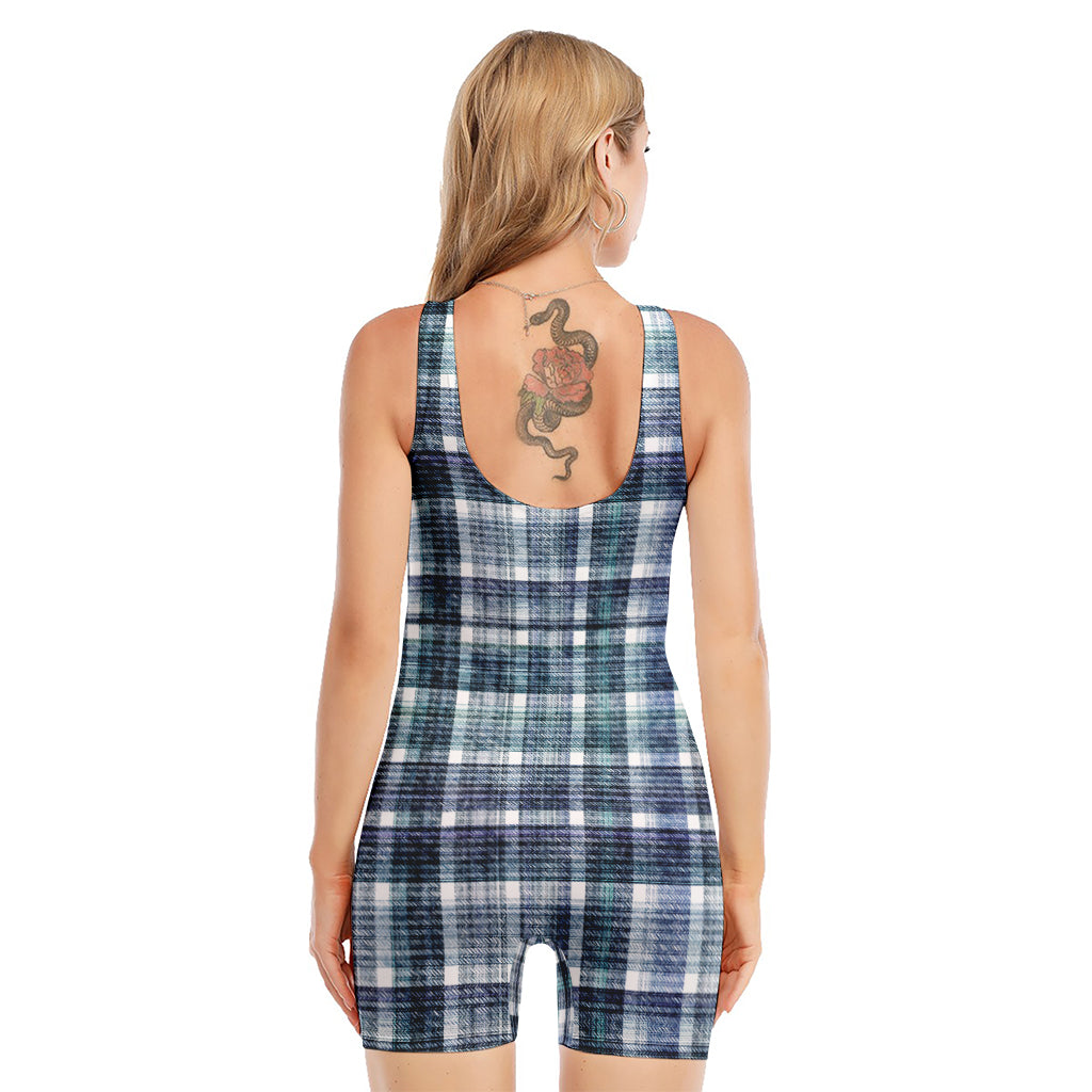 Plaid Denim Jeans Pattern Print Sleeveless One Piece Swimsuit