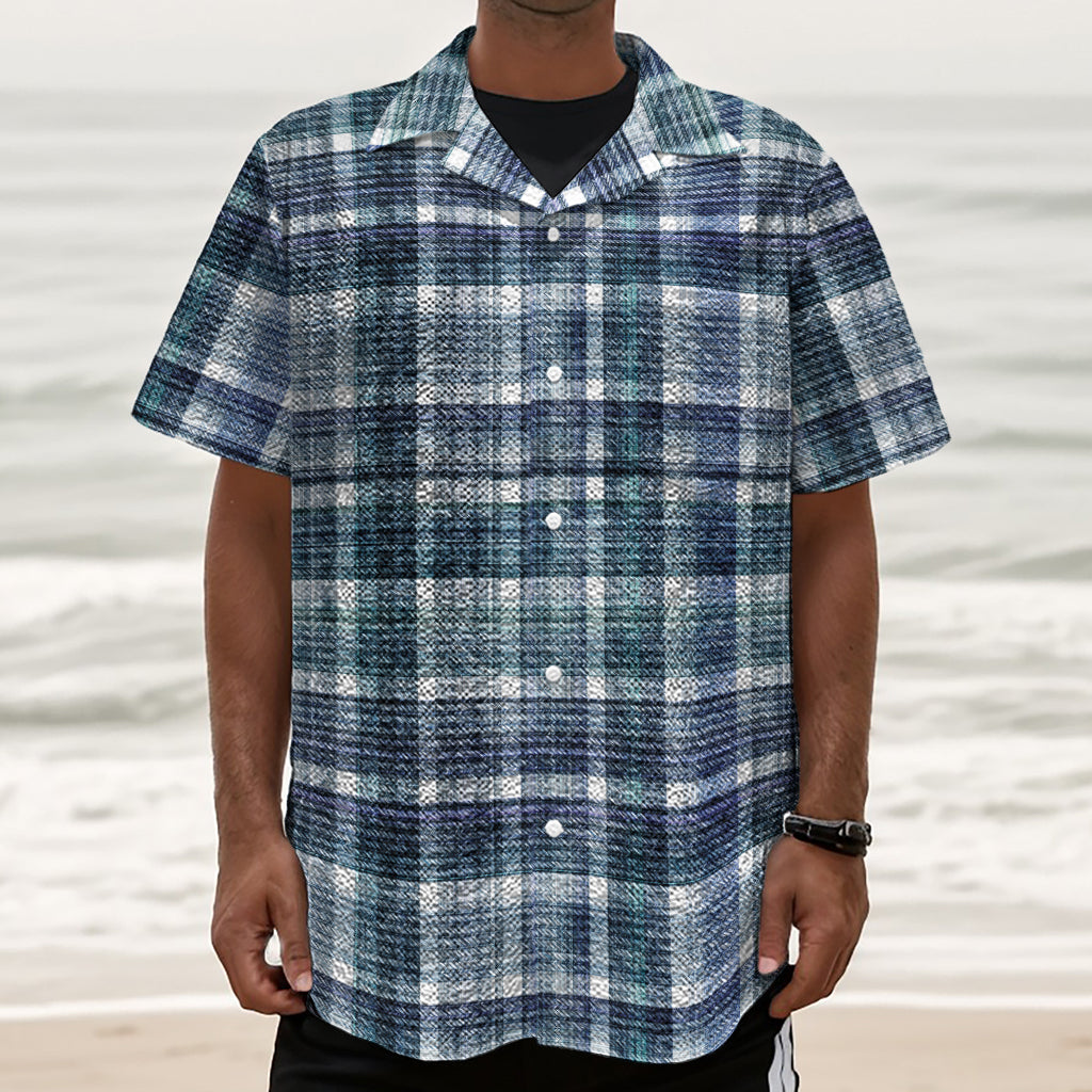Plaid Denim Jeans Pattern Print Textured Short Sleeve Shirt