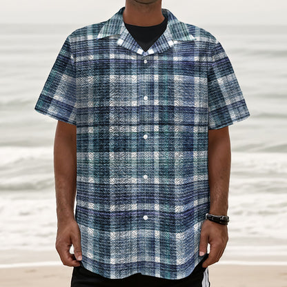 Plaid Denim Jeans Pattern Print Textured Short Sleeve Shirt