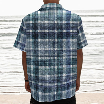 Plaid Denim Jeans Pattern Print Textured Short Sleeve Shirt