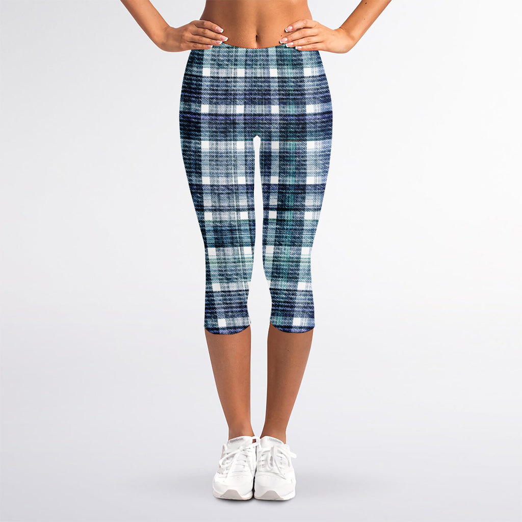 Plaid Denim Jeans Pattern Print Women's Capri Leggings