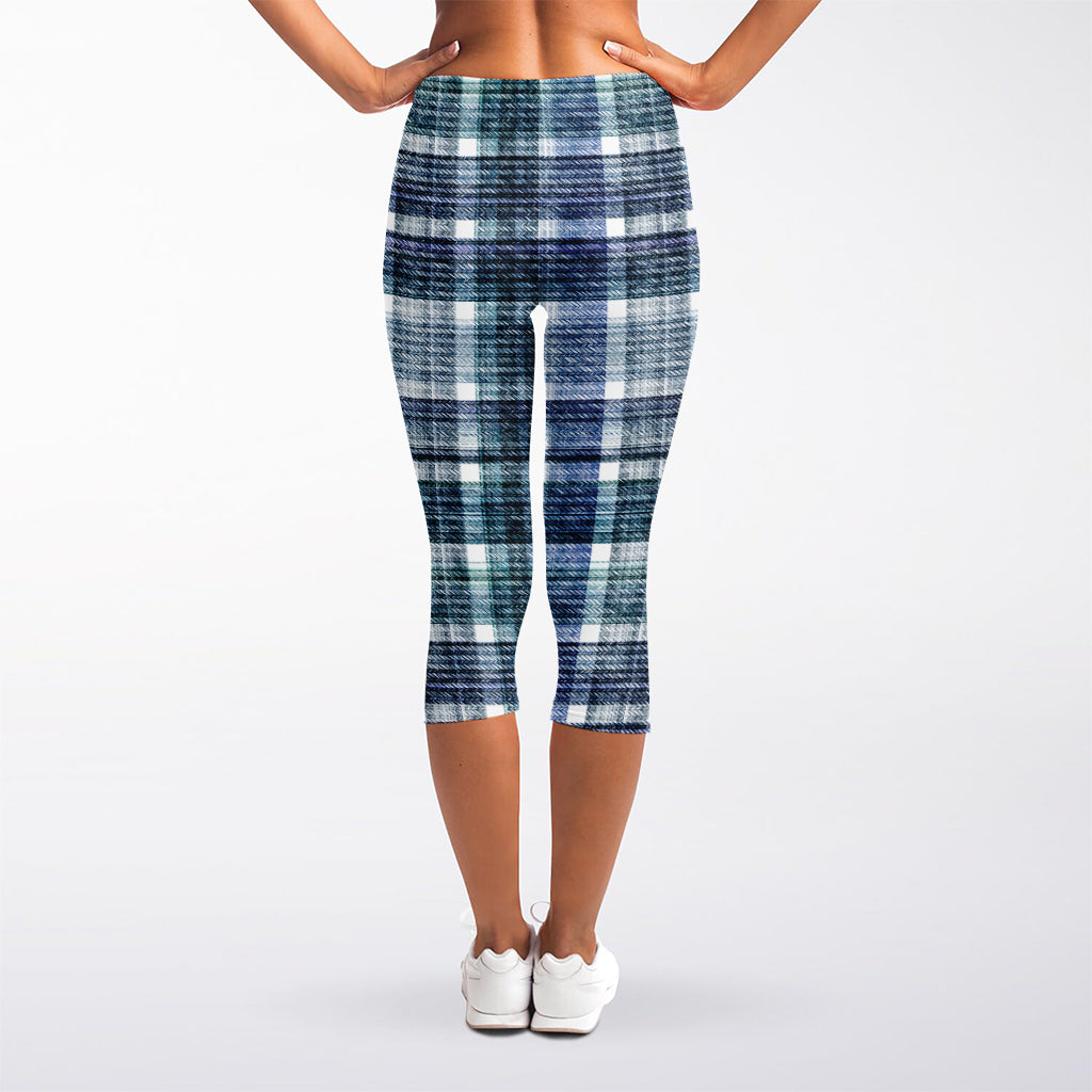 Plaid Denim Jeans Pattern Print Women's Capri Leggings