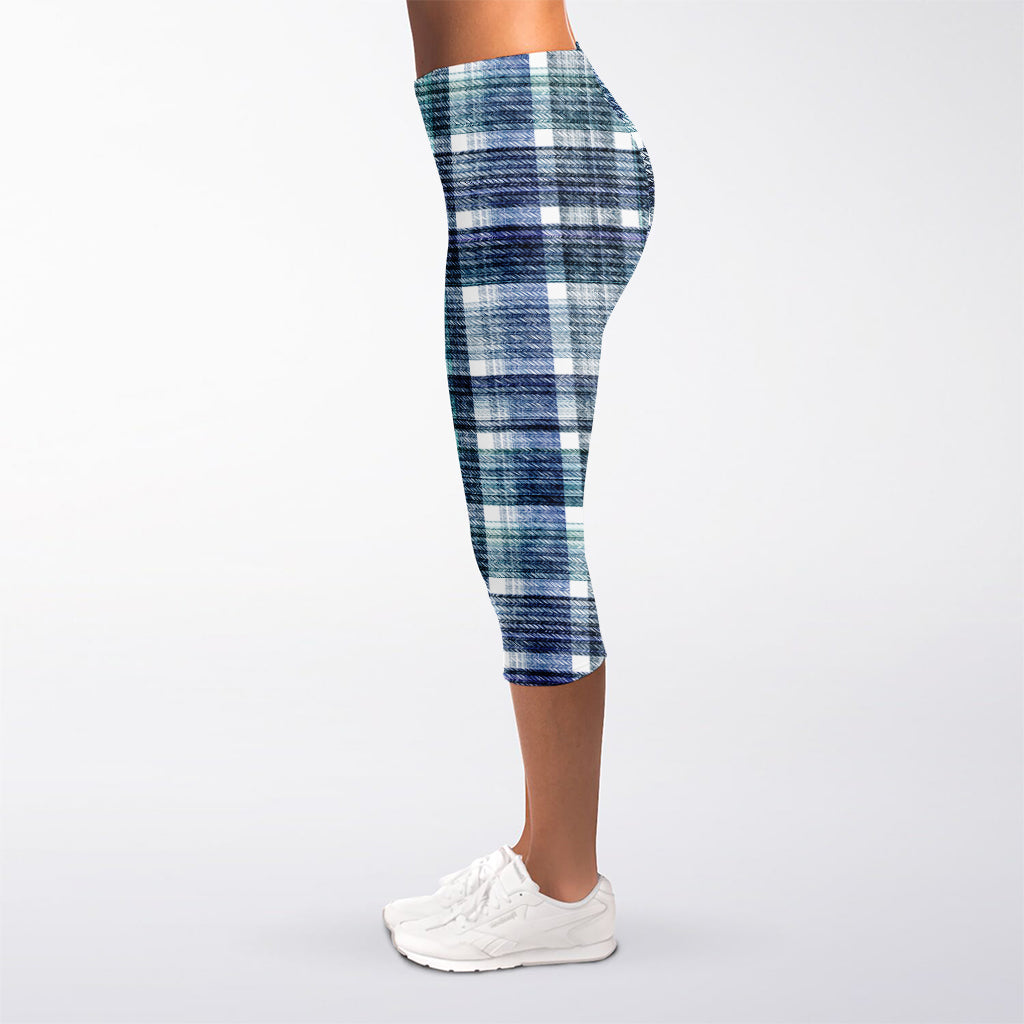 Plaid Denim Jeans Pattern Print Women's Capri Leggings