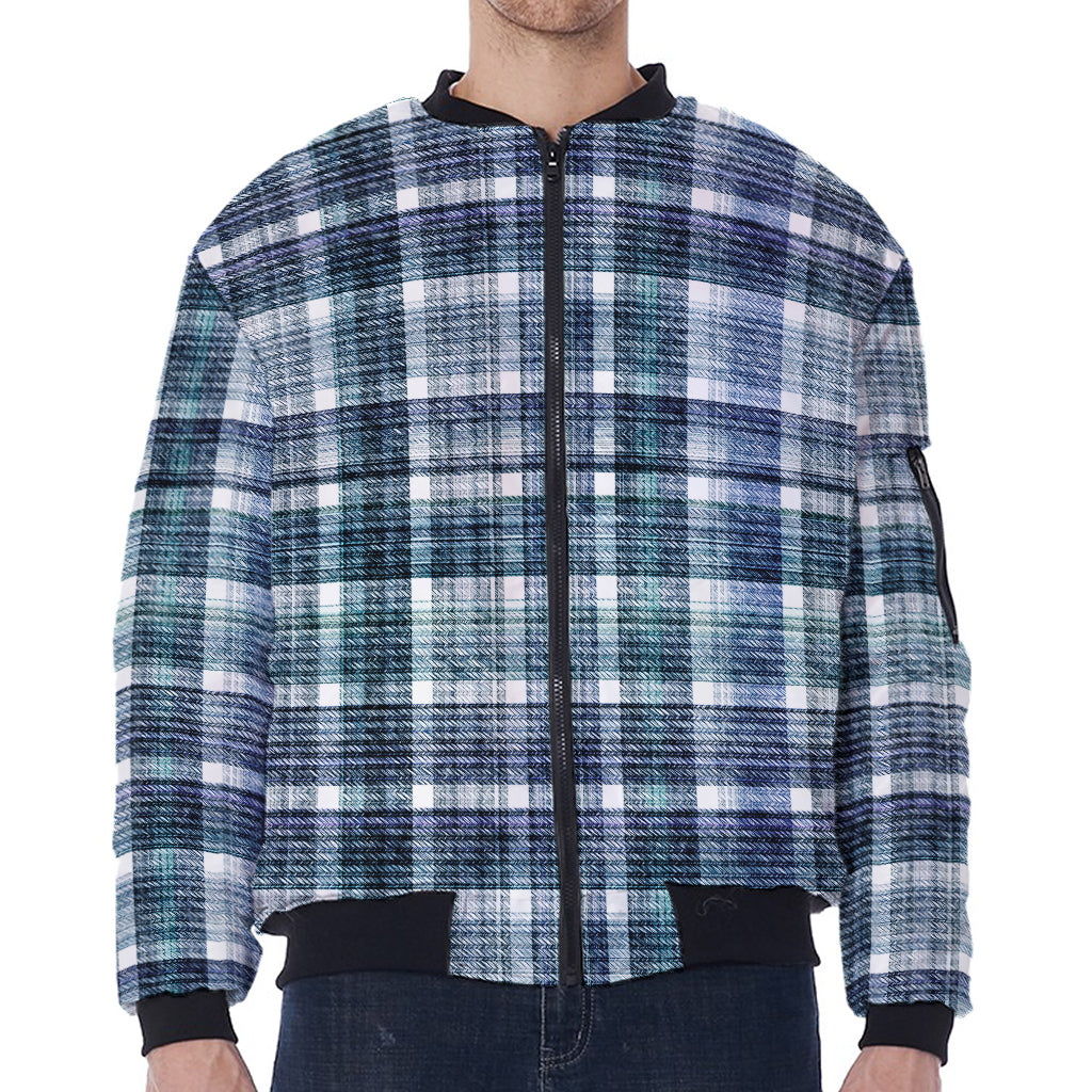 Plaid Denim Jeans Pattern Print Zip Sleeve Bomber Jacket