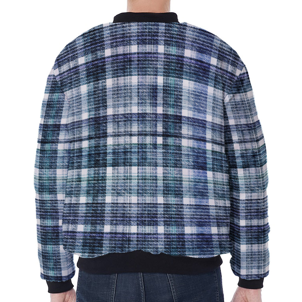 Plaid Denim Jeans Pattern Print Zip Sleeve Bomber Jacket