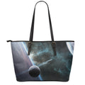 Planet And Space Print Leather Tote Bag With Zipper