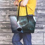 Planet And Space Print Leather Tote Bag