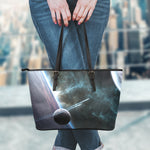 Planet And Space Print Leather Tote Bag