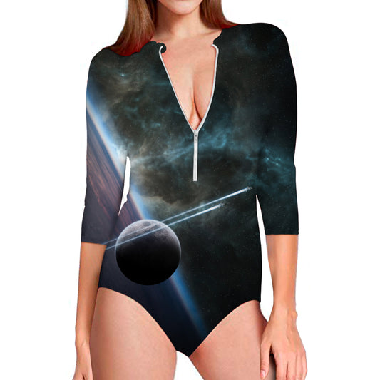 Planet And Space Print Long Sleeve Swimsuit