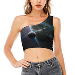 Planet And Space Print One Shoulder Crop Top