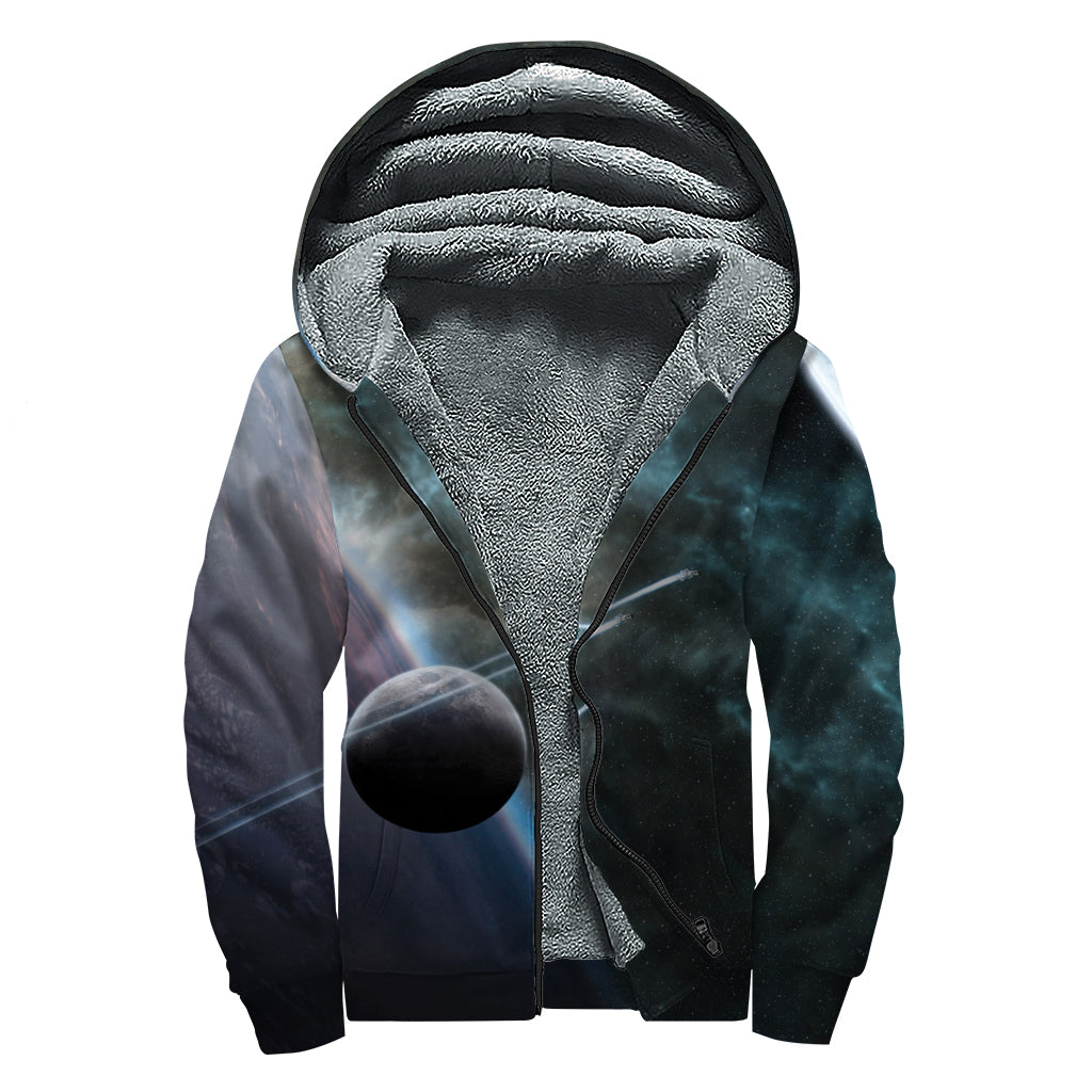Planet And Space Print Sherpa Lined Zip Up Hoodie