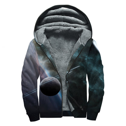 Planet And Space Print Sherpa Lined Zip Up Hoodie